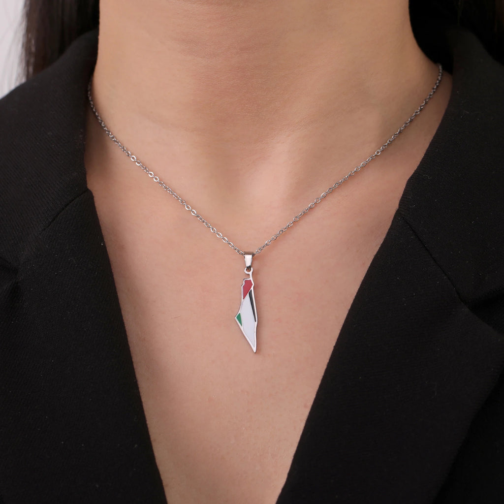 Palestine Flag Map Enamel Pendant Necklace for Women Men Stainless